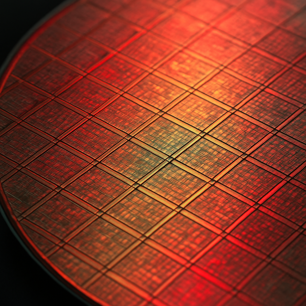 Macro detail of a 300mm quantum wafer surface — the target platform QubitPack designs for